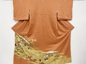 リサイクル　作家物　金彩花車に時代人物模様三つ紋色留袖(比翼付き)